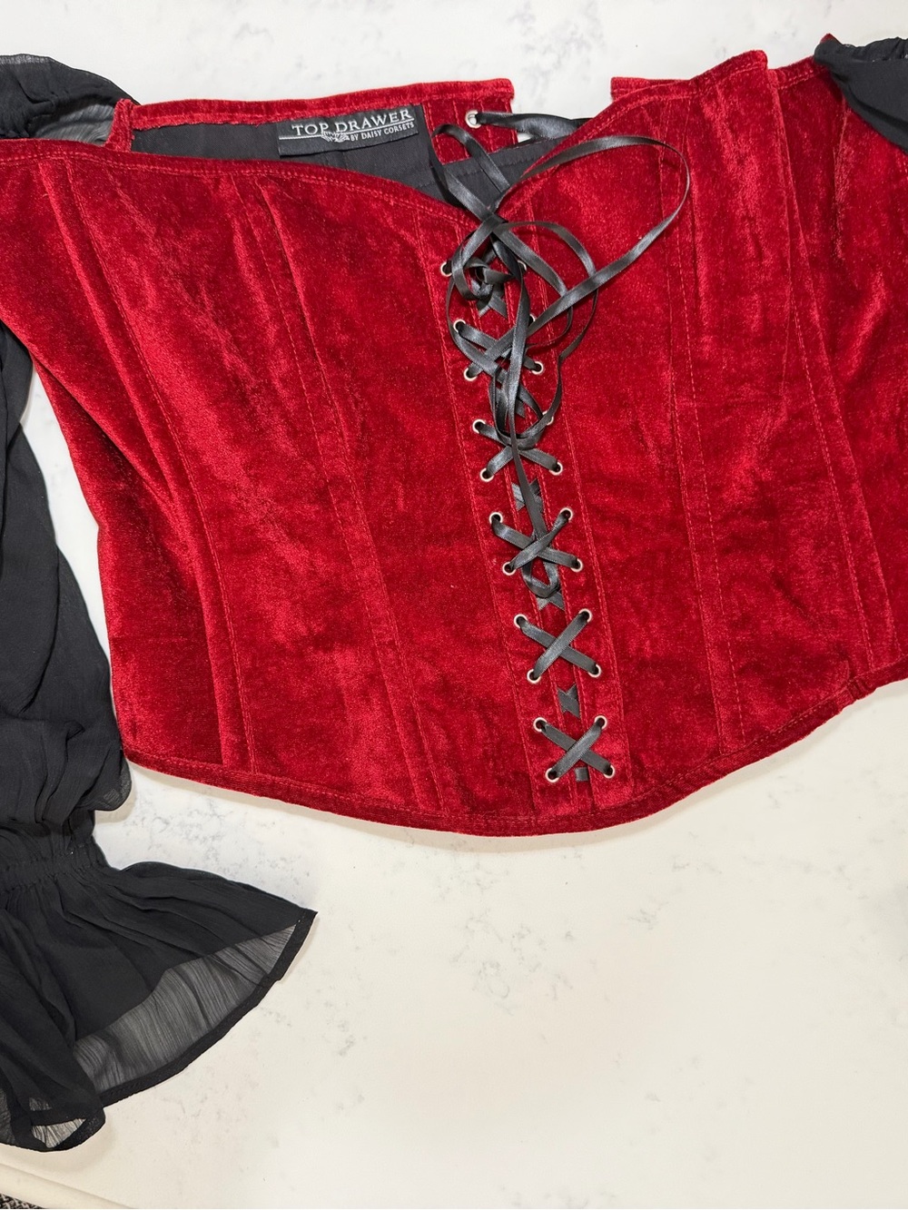 Red Velvet Lace-Up Corset with Black Lacing and black sleeves - Women’s Accessor - Picture 8 of 16